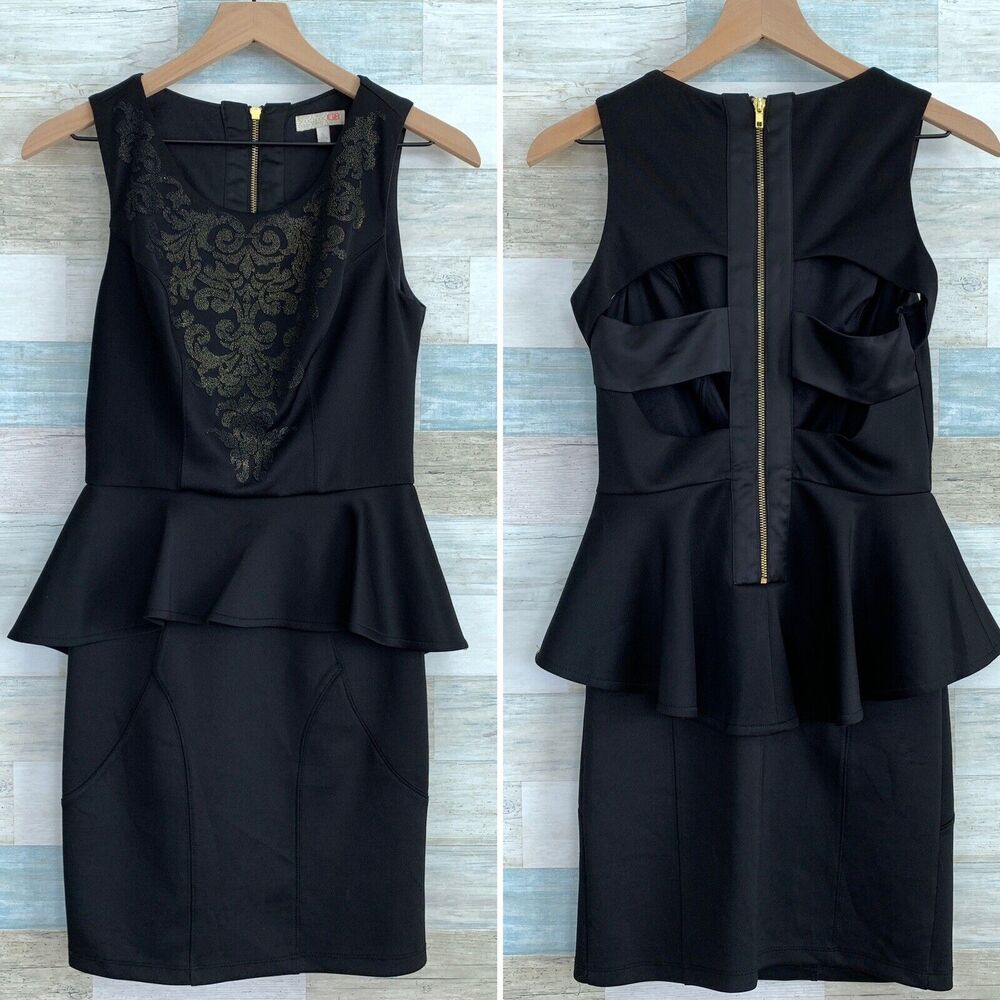 GB Gianni Bini Cut Out Peplum Dress Black Beaded Bodycon Womens Juniors 5 Small